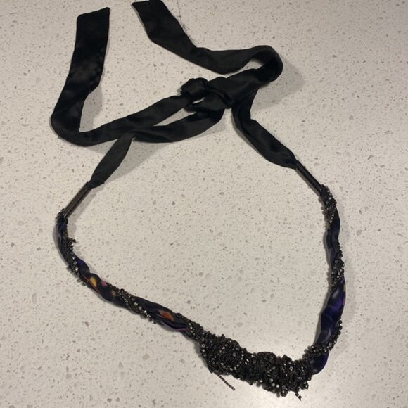 ELIE TAHARI FRANCA necklace silk black print pewter tie - Picture 2 of 5